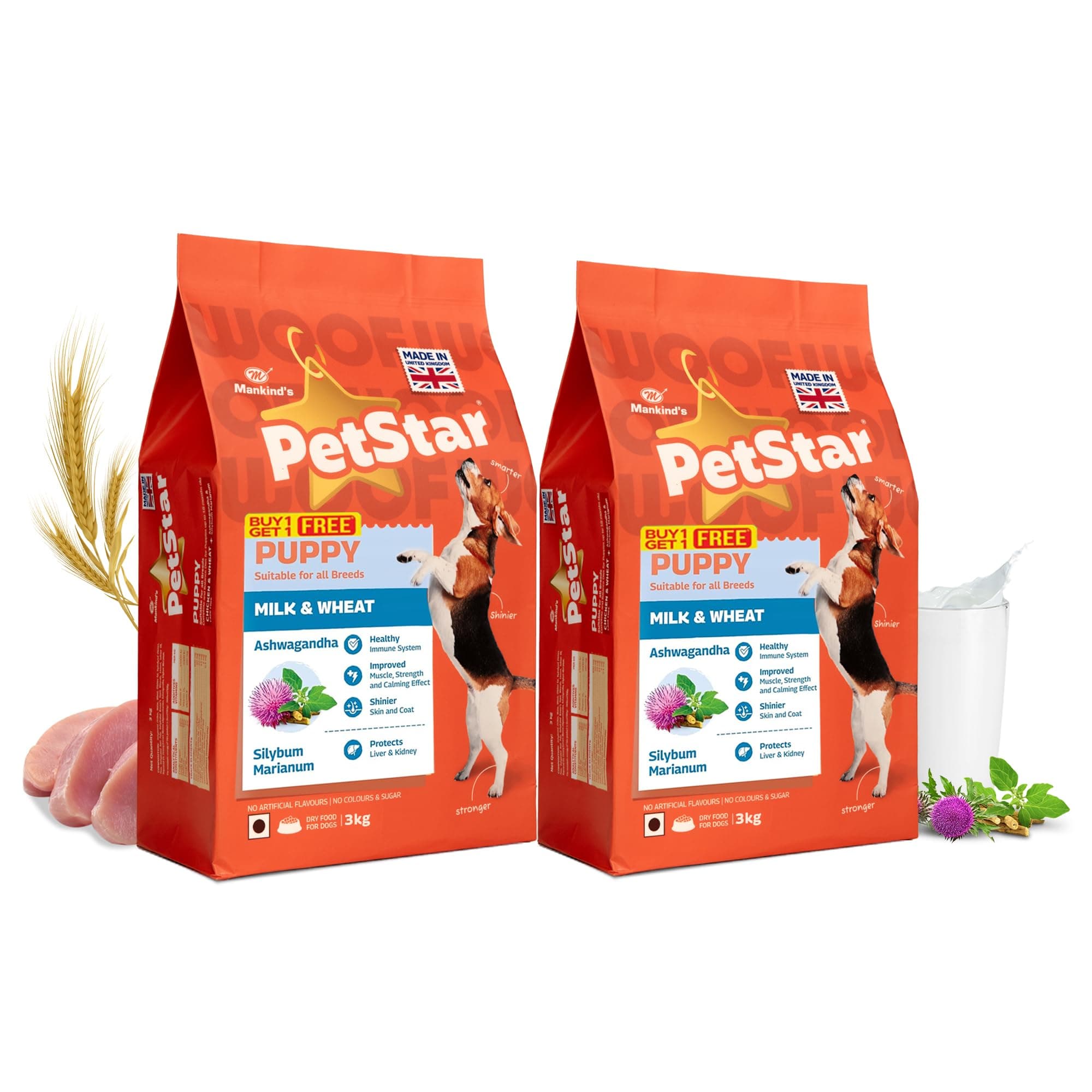Mankind PetStar Puppy Dry Dog Food, 28% High Protein, Milk & Wheat Flavor, 3 kg (Pack of 2) | Complete Nutrition for Puppies