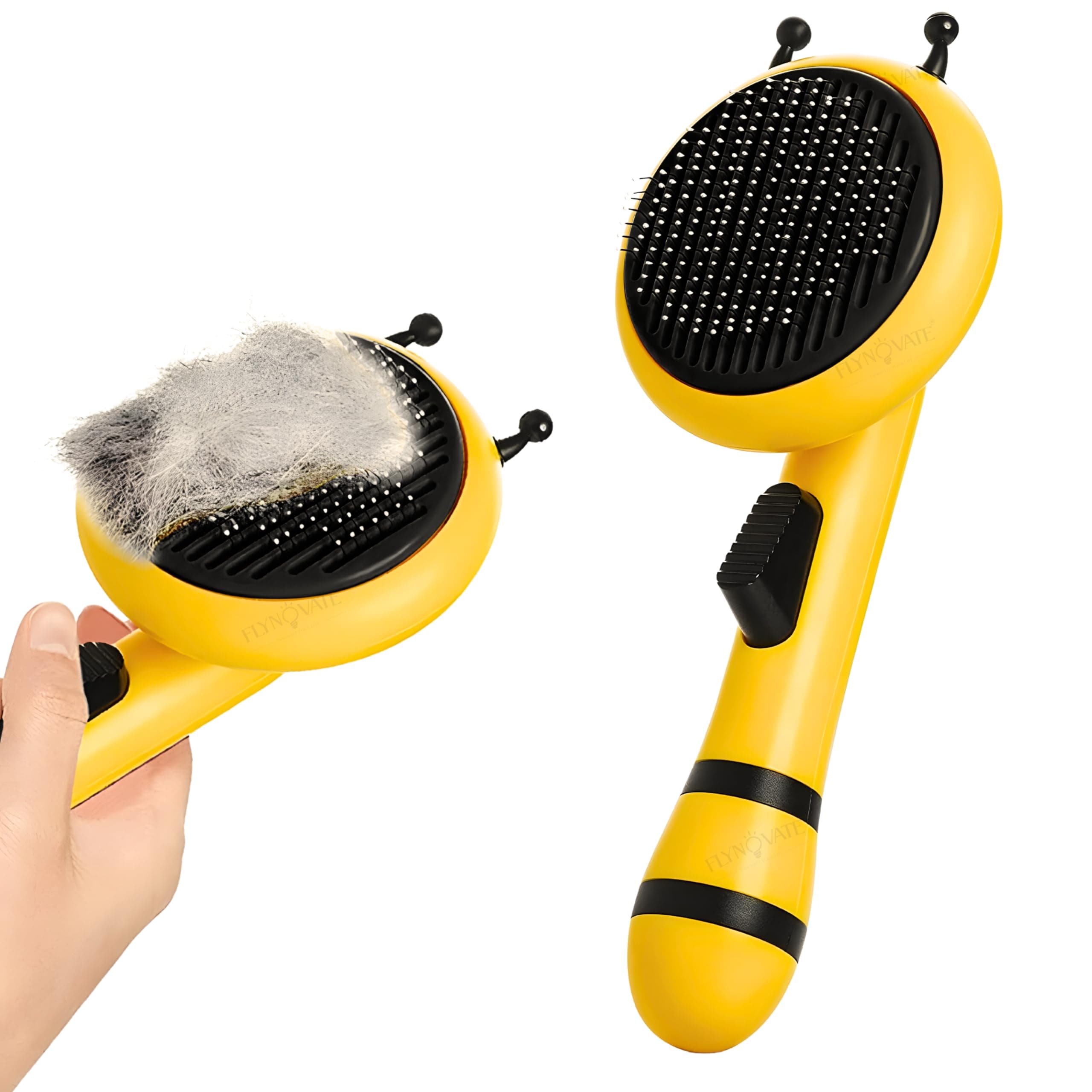 Flynovate Self-Cleaning Dog Comb & Cat Comb | PAIN-FREE Slicker Pet Hair Brush with One-Click Easy Cleaning | Dog Brush & Cat Brush for Effortless Grooming with Bee Design