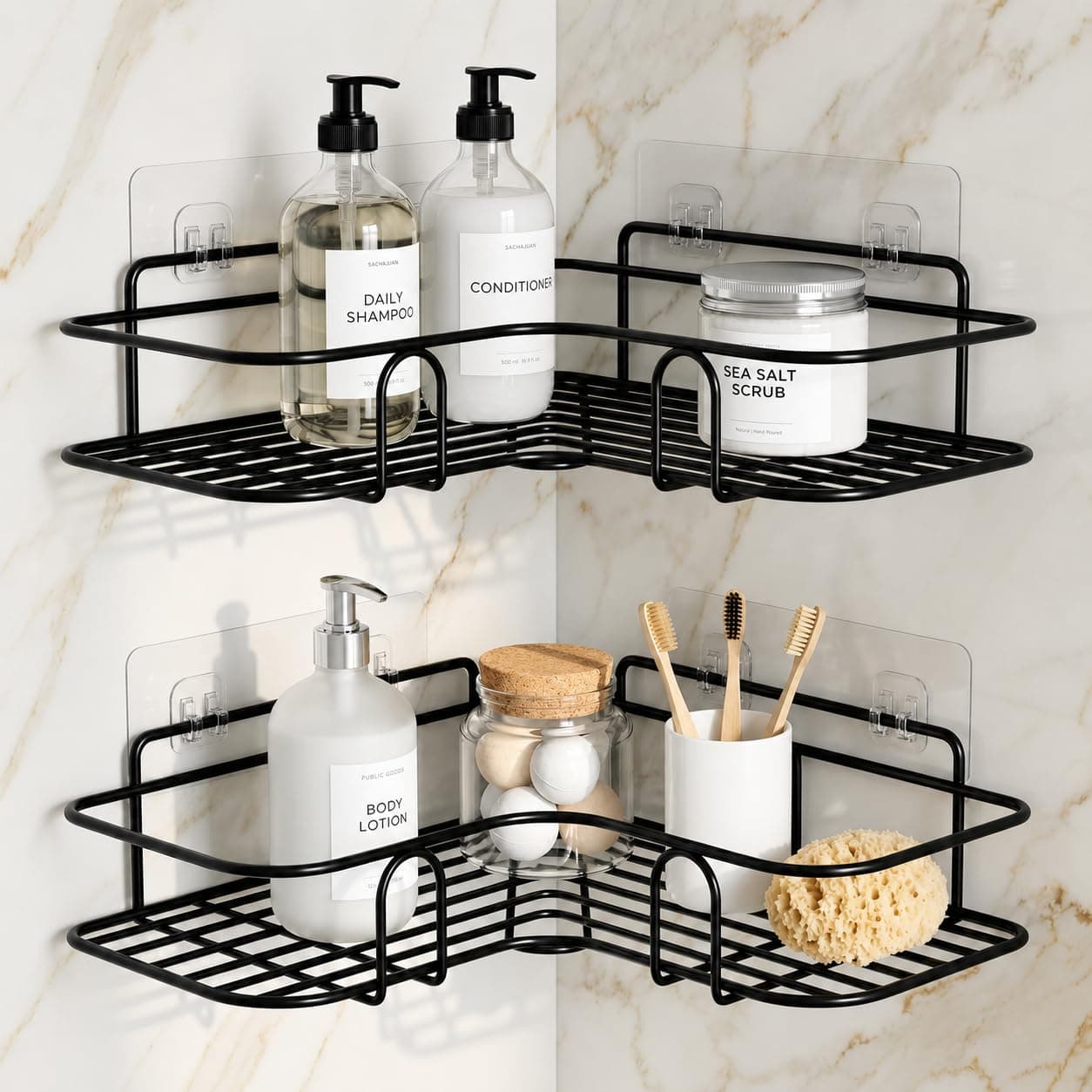 Nieifi KIMEE Set of 2 Metal Bathroom Corner Shelf | Rustproof No-Drill Self Adhesive Wall Mounted Storage Rack for Bathroom and Kitchen | Heavy Duty Shower Caddy Organizer, 8 and 9 Inch, Black