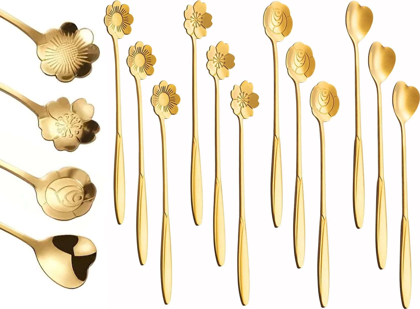 Style Keepers 12Pcs Flower Dessert Spoons, Coffee Teaspoon Set Stainless Steel Tableware Sugar Spoon Small Tea Spoons Cafe Bar Spoon Cute Coffee Teaspoon Mini Tableware, 4 Styles (Gold) (12), 18cm