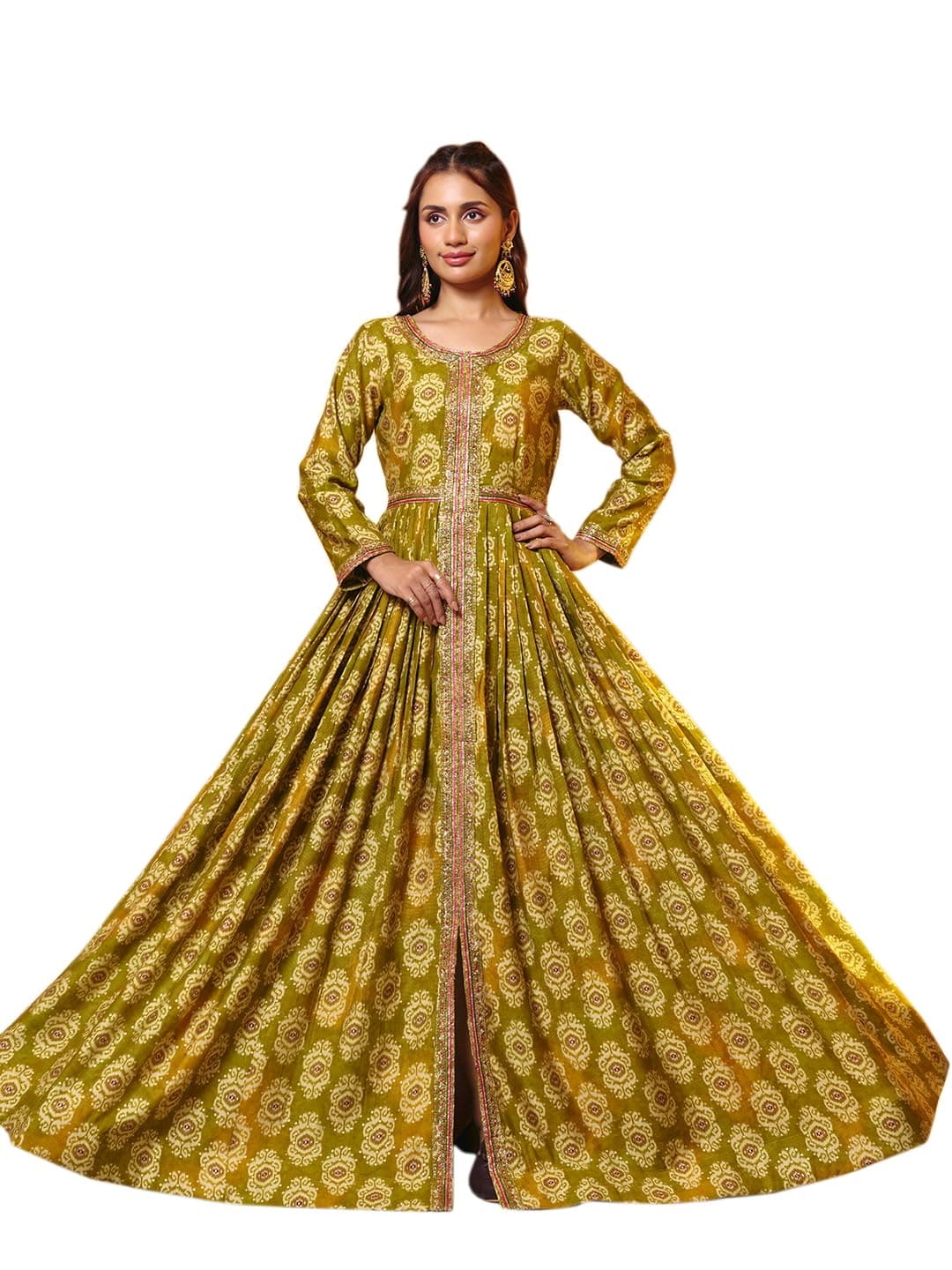 madhuram textiles Women’s Vatican Print Flared Anarkali Gown | Embroidered Round Neck Long Dress Ethnic (M-2623)