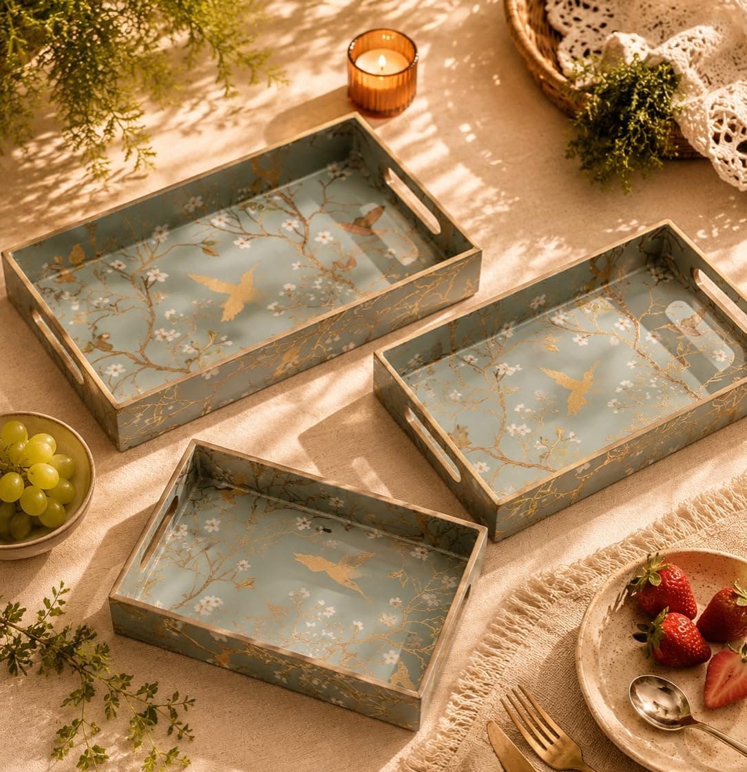 Set of 3 Waterproof Lacquer Coated Wooden Trays – Humming Bird & Blossom Vintage Floral Design, Multipurpose MDF Serving Tray with Handles (16x10, 14x8, 12x6 Inches)(Setof3- SilverGoldBirds)
