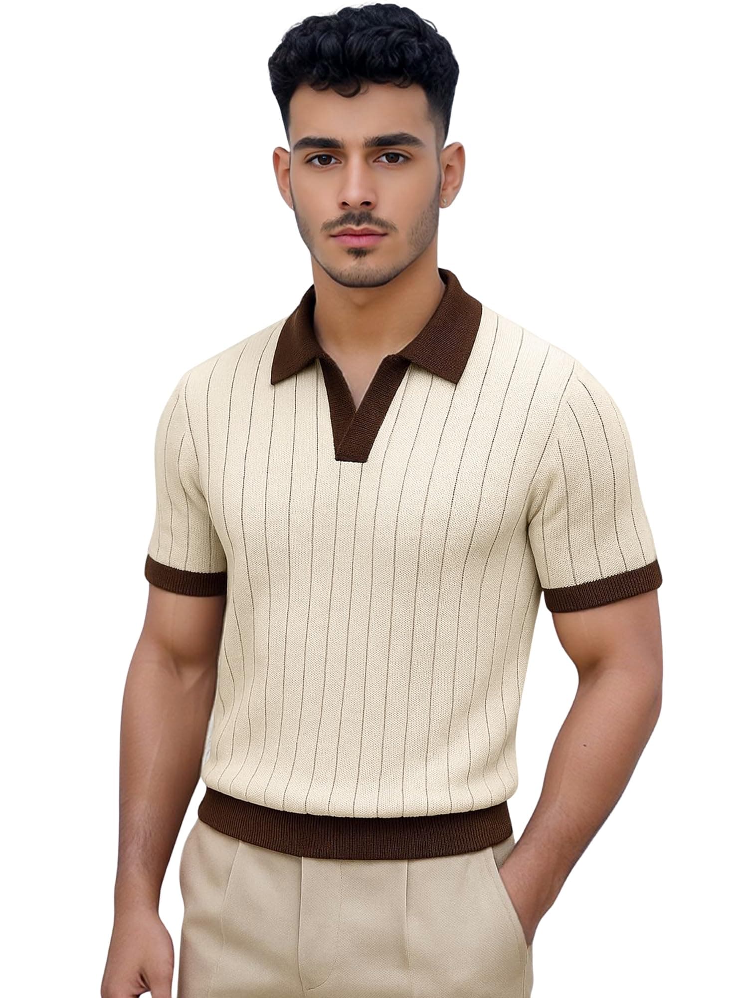 Maniac Mens Solid Textured Polo Neck Half Sleeve Cream and Brown Cotton Blend T-Shirt for Men