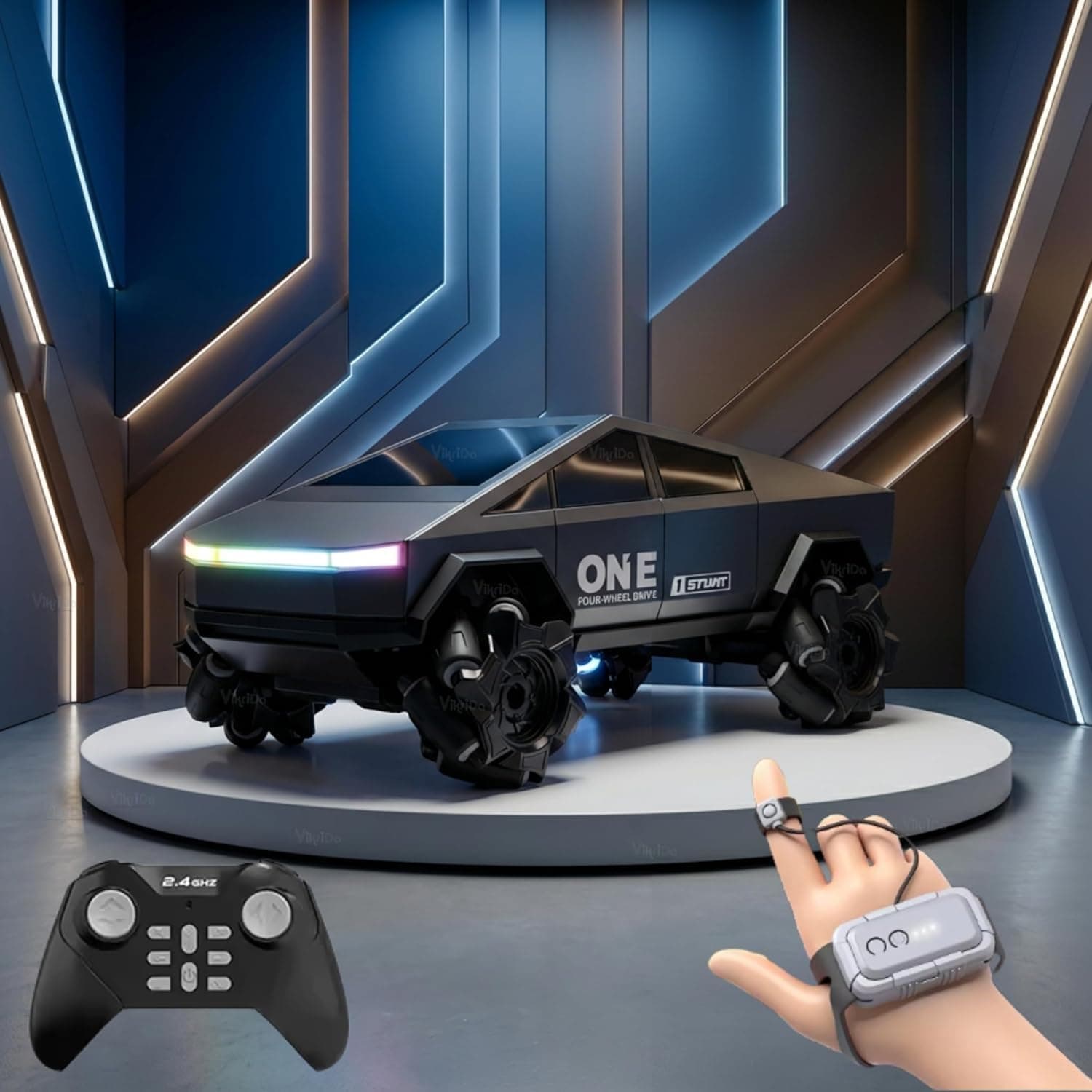 VikriDA Remote Control RC Stunt Car 4WD 2.4GHz – 360° Rotating All-Terrain Monster Truck with Lights, High-Speed Off-Road Electric Vehicle Toy for Kids Boys & Girls