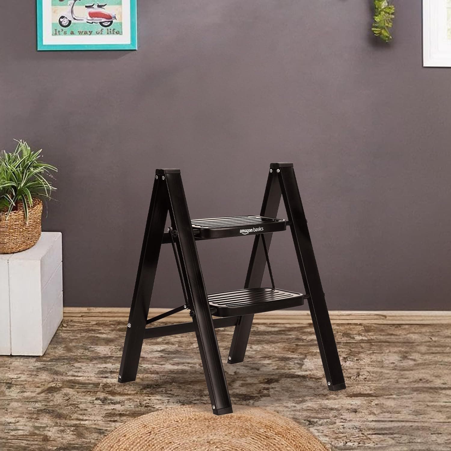 Amazon Basics Iron Clamber Max - Non-Trip and Flat-Foldable Step Ladder, with Anti-Skid Steel Steps, 2 Steps (Steel, Matte Black)
