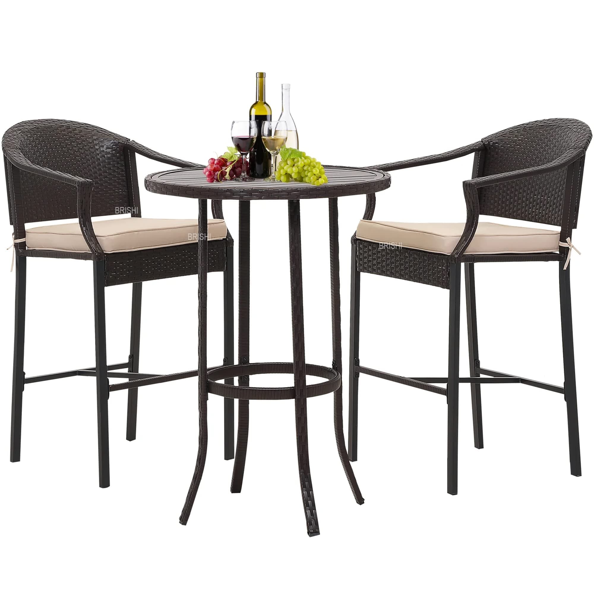 BRISHI Outdoor Bar Set Garden Patio Bar Set 1+2 2Chairs and Table Set Balcony Bar Table with Stool Set (Brown)