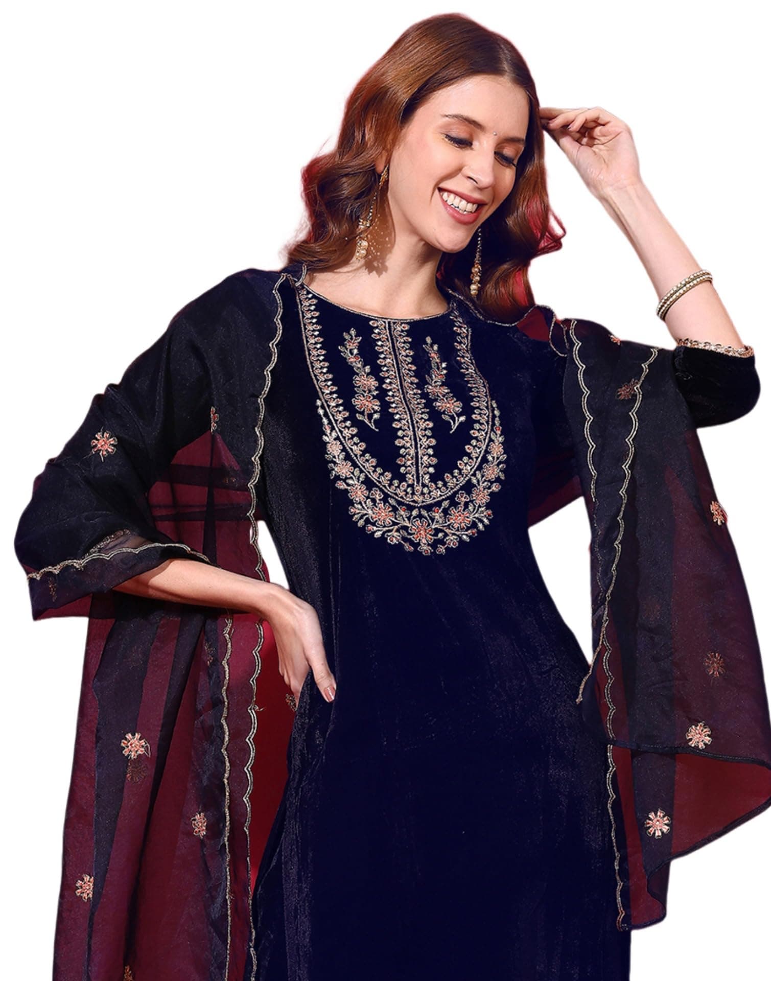 SIRIL Women's Velvet Embroidery Straight Kurta Pant with Dupatta