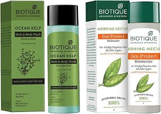 Biotique Bio Sea Kelp Protein Hair and Body Wash for Men, 120ml & Biotique Morning Nectar Sun Protect Moisturizer Lotion For Visibly Flawless Skin All Skin Types, 120 ml