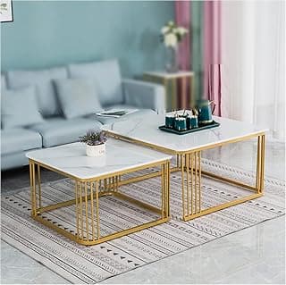 Handmade Square Set of 2 Nesting Stacking Coffee Table with Sturdy Metal Frame Marble MDF White Top Center Table for Living Room/Drawing Room/Balcony or Apartments (Gold White)