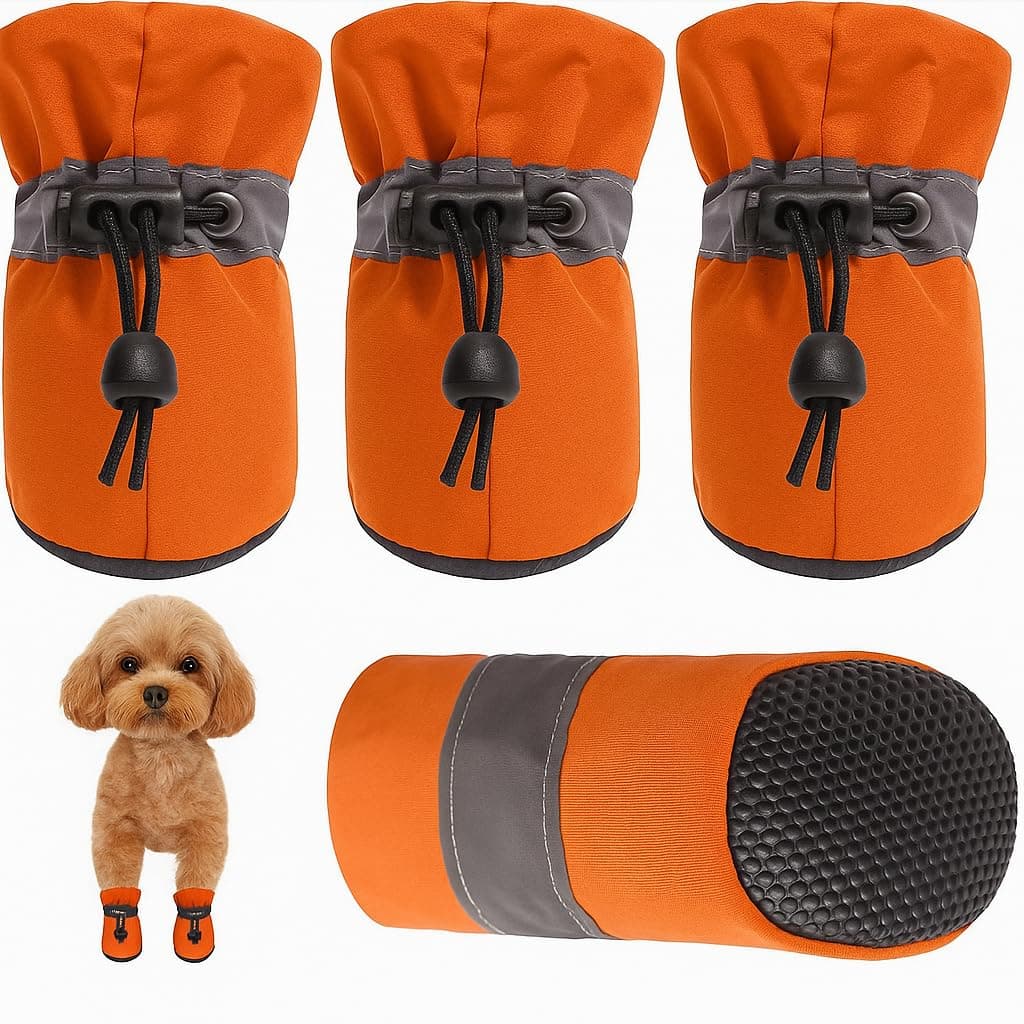 KUTKUT Washable Small Dog Boots Paw Protector for Hot Pavement Pack of 4 Anti-Slip Dog Shoes with Reflective Straps for Shihtzu, Poodle, Bichon etc (Orange, Size: 4, Feet Long: 5cm, Feet Wide: 4cm)