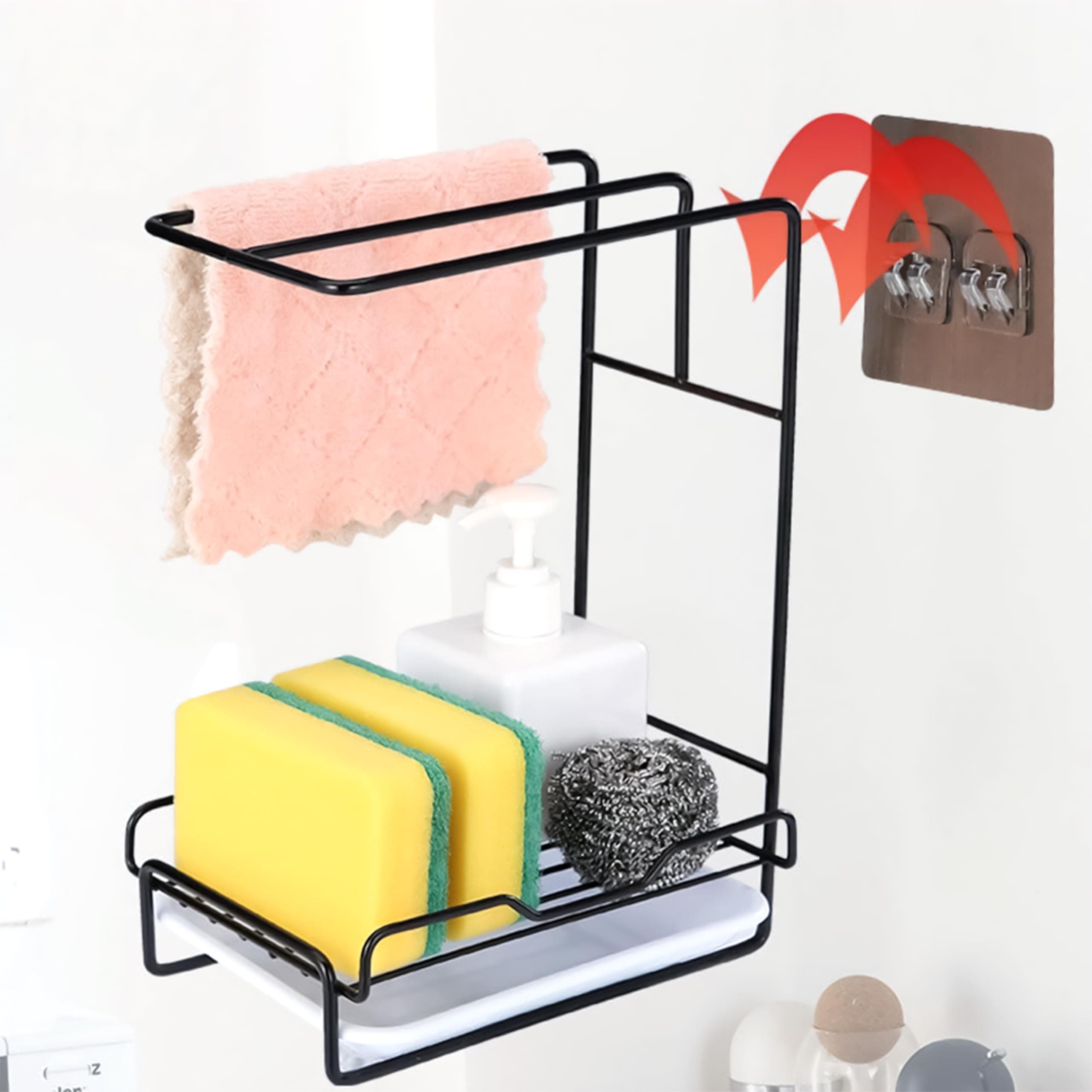 Livzing 2-in-1 Metal Kitchen Sink Organizer & Towel Rack – Metal Sponge & Soap Holder with Drip Tray for Kitchen Sink, Countertop or Wall-Mount Kitchen Storage Rack - Free-Standing Rack