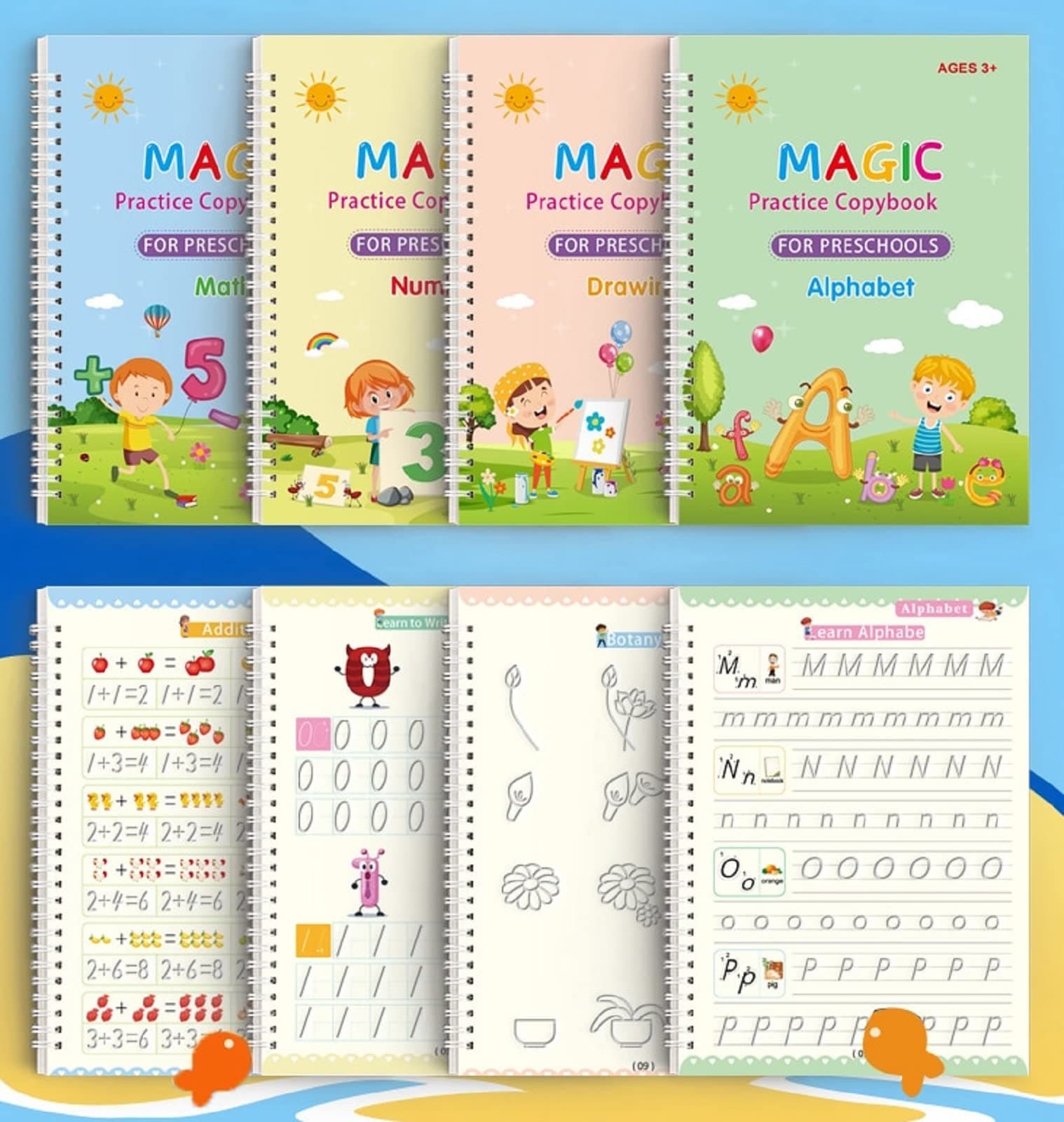 GLUN Reusable Magic Practice Notebook 4 Books Math, Drawing, Alphabet, Number, Pen with 10 Refills, Magic calligraphy books for kids