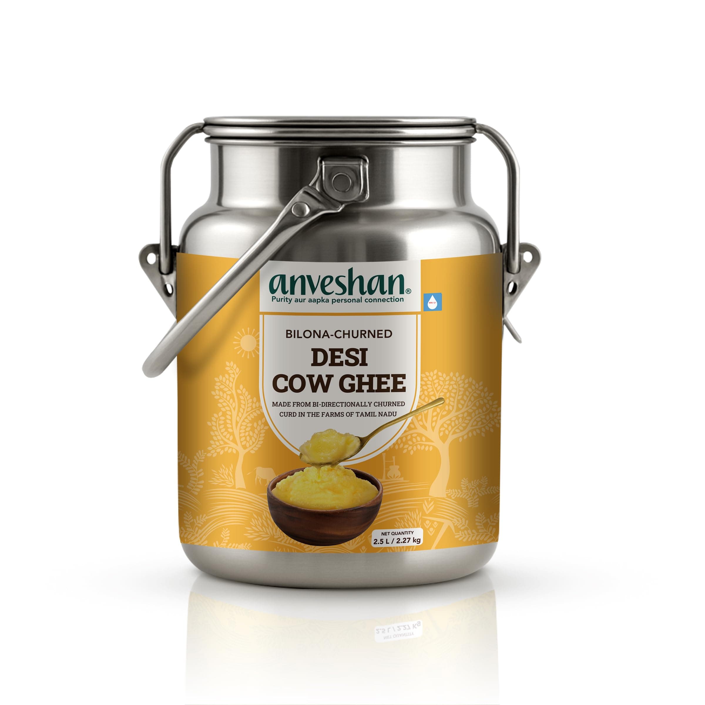 Anveshan A2 Ghee (2.5L Stainless Steel Dolchi) | Traditional Bilona Method | Curd- Churned | Cultured | Pure and Nutural | Lab Tested | Free-grazed, Grass-fed Desi Cows