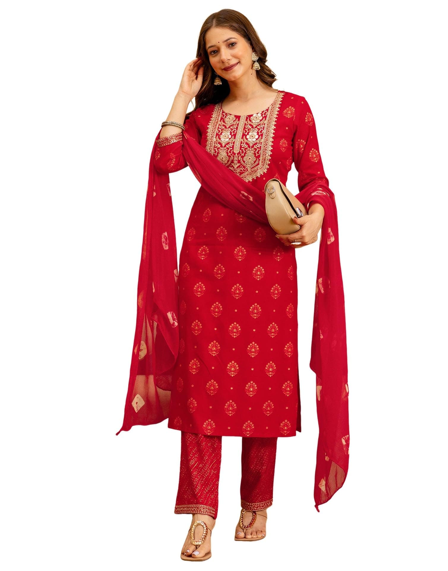 SIRIL Women's Cotton Sequence Embroidery and Foil Printed Straight Kurta with Pant & Dupatta