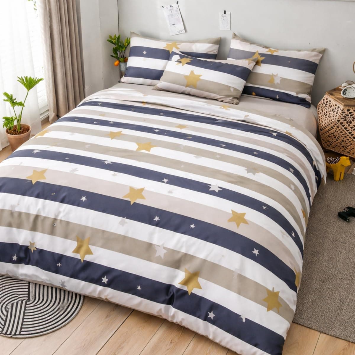 DIVINE OVERSEAS Premium Kids Bed Sheet Set | Micro Fabric Ultra Soft Double Bed Sheet 90 x 100 Inches with 2 Pillow Covers | Beige Star Stripes Design | Durable No Pilling No Shrinking | Kids Bedding