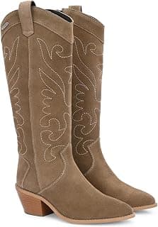Delize Women's Suede Cowboy Boots, Taupe, Knee-High, Embroidered Western Style, Block Heel 64463