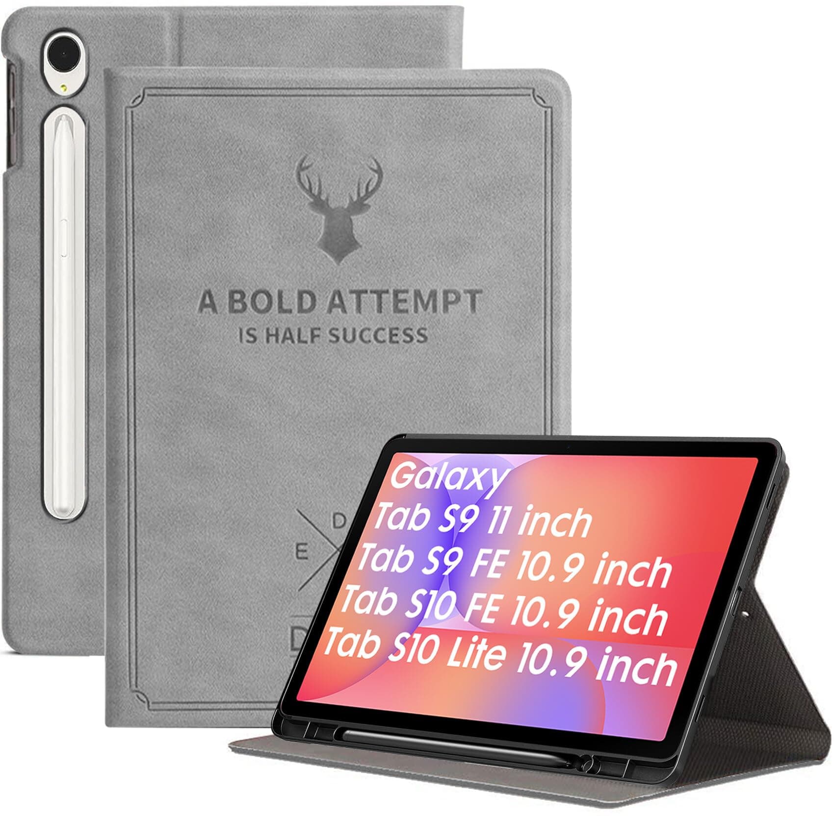 Robustrion Cover for Samsung Galaxy Tab S10 Lite 10.9" / Tab S9 FE / S10 FE/Tab S9 11" with [S Pen Holder] Deer Flip Case for Samsung Tab S10 FE /S9 FE/ S10 Lite Tablet Cover [Auto Sleep Wake] - Grey