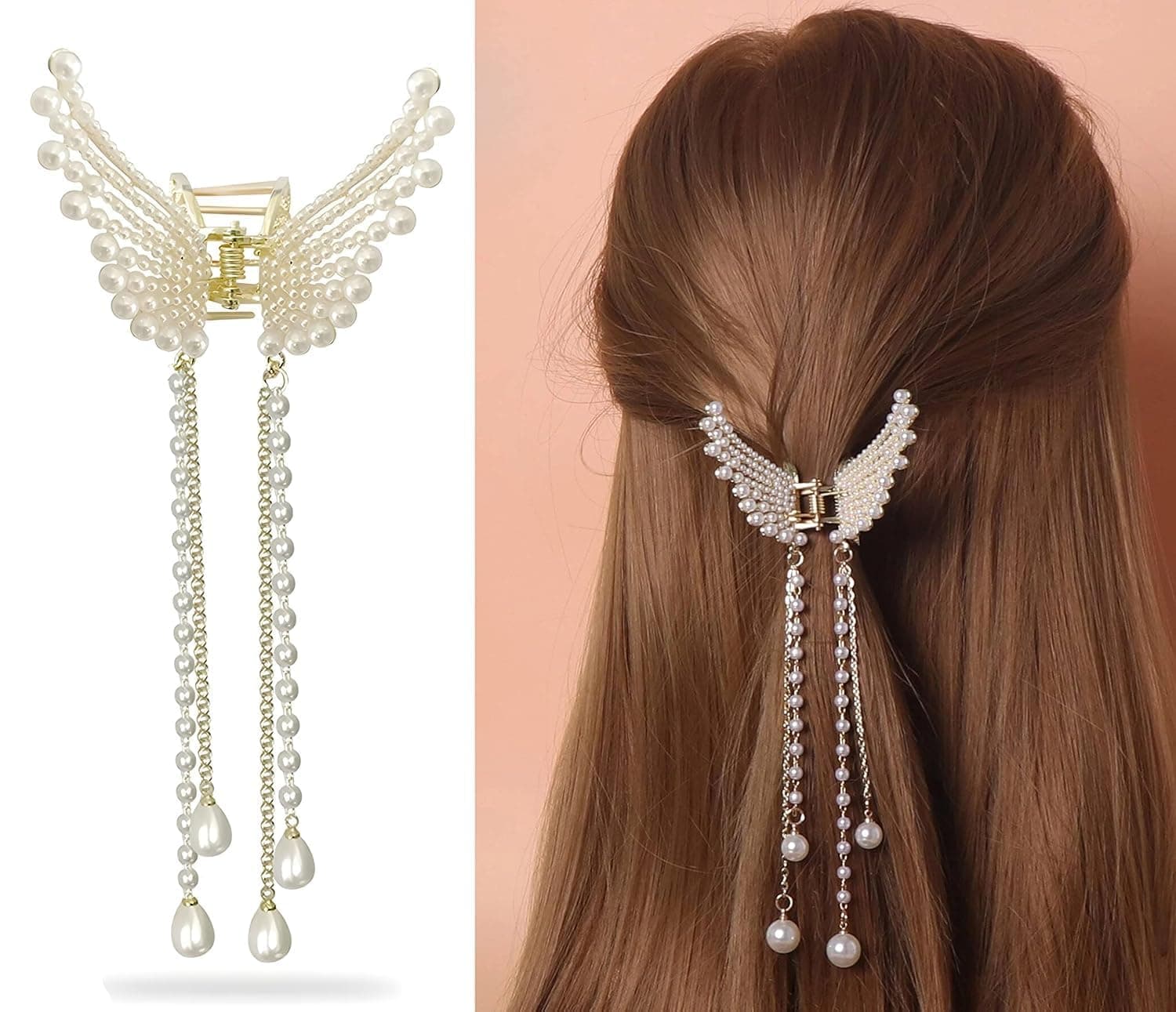 APOLLINE INDIA® Korean Style Gold Metal Pearl Stone Lock Hair Pins Jaw Clamp Clips Hair Clutcher Hair Clip Hair Clip Hair Accessories Jewellery for Women And Girls (Golden Pearl Butterfly, Pack Of 1)