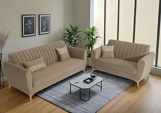 Adorn India Premium Luster 3-2 Sofa Set | Velvet Suede Fabric | 3-Year Warranty | Color Beige with Golden Legs & Striped Pattern Cushion