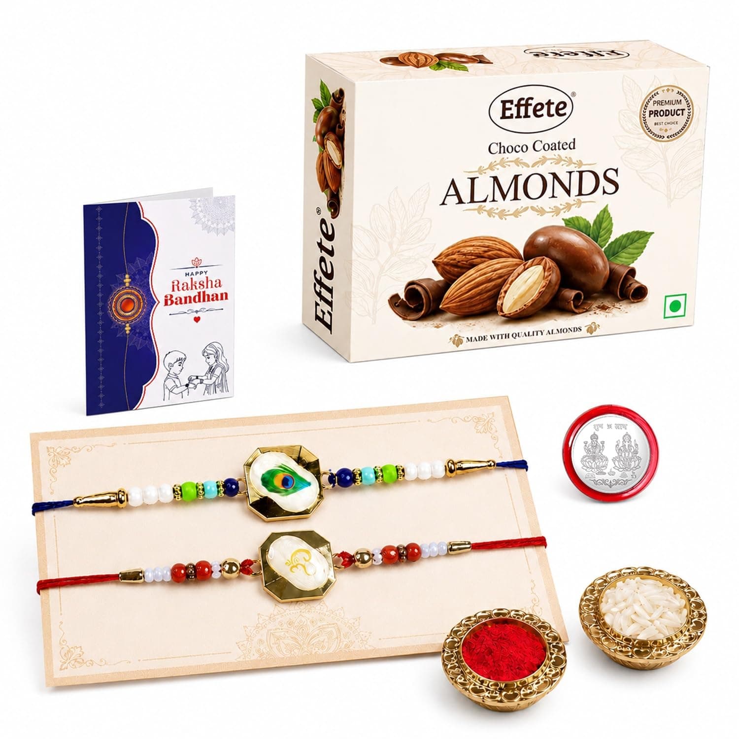 DeoDap Designer Om Rakhi for Brother & Peacock Feather Design Set of 2 with Choco Coated Almonds 32gm, Pooja Coin, Roli Chawal & Card | Rakhi with Chocolate Combo for Raksha Bandhan