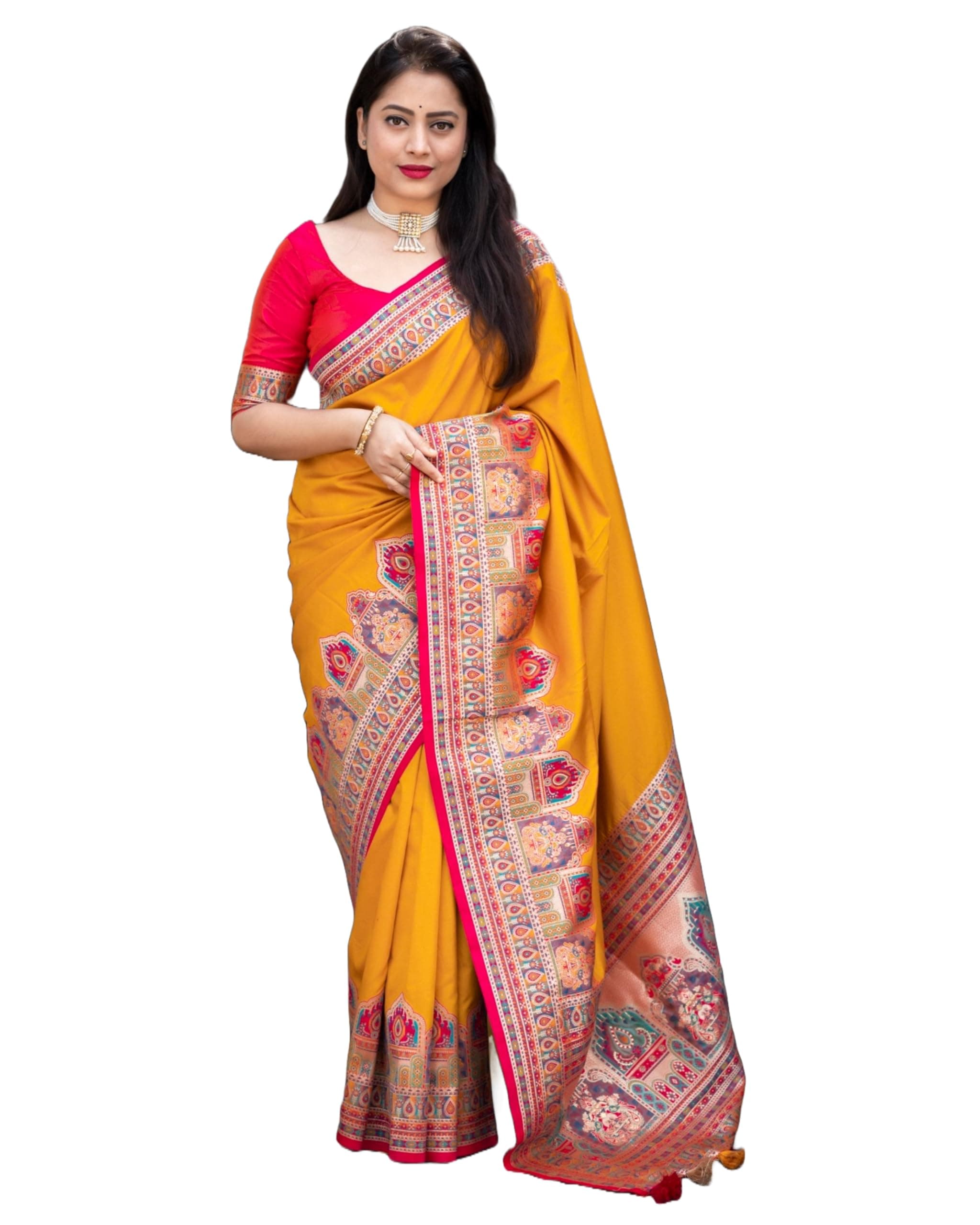Pandadi Saree Woman's Soft Silk Kashmiri Style Zari Weaving Saree with Unstitched Blouse Piece.