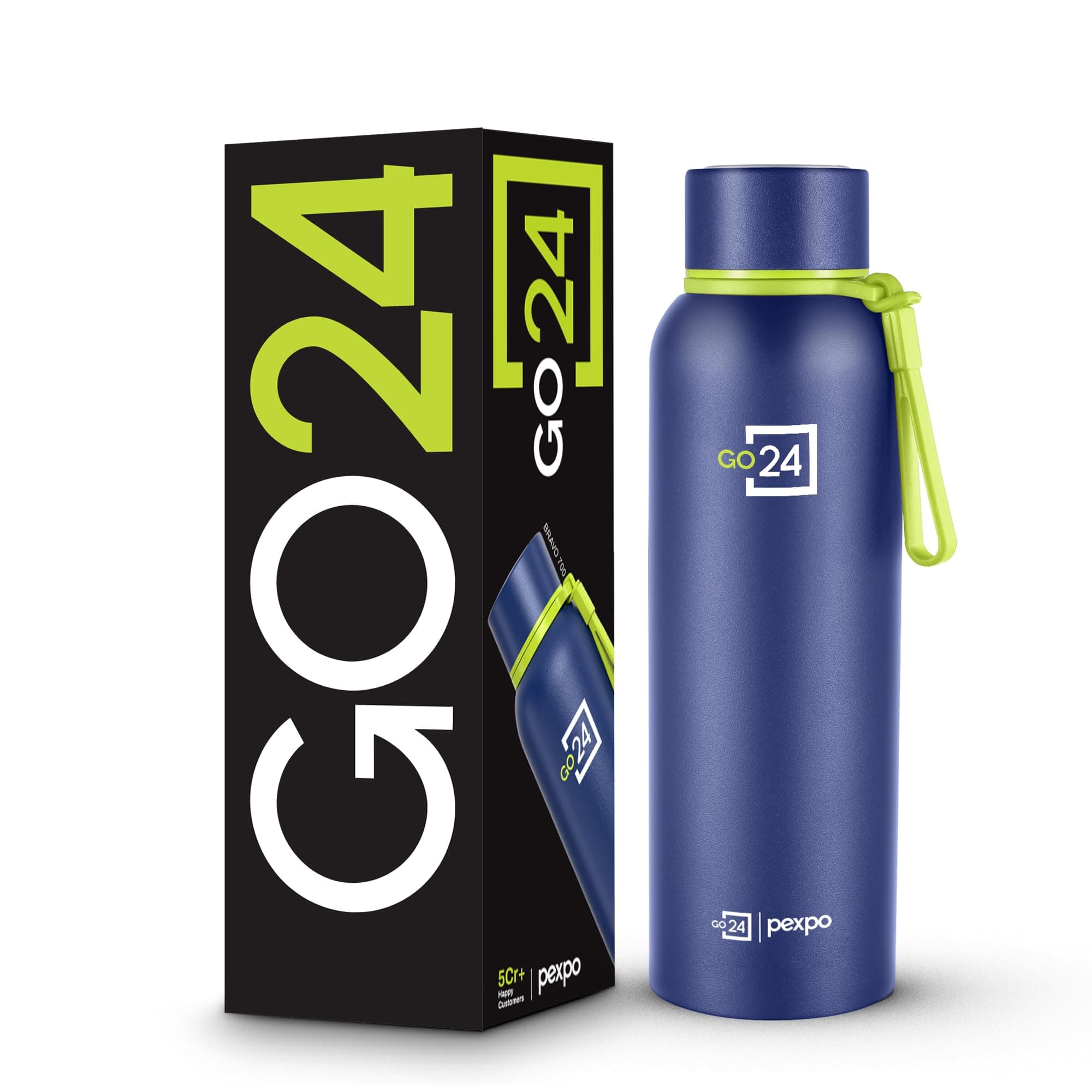 Go24 pexpo Water Bottle 700ml Stainless Steel | Hot and Cold Flask | ISI Certified Steel Bottle | Three Layer Insulation | Leakproof | for Home, Office | 2-Year Warranty |Bravo| Denim Blue