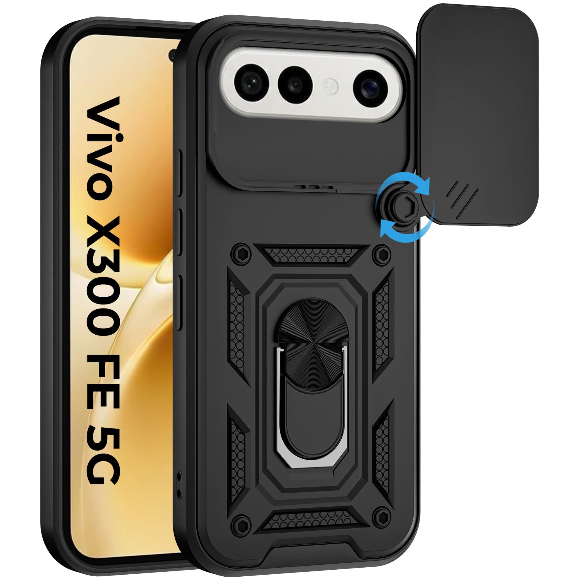 A rtistque Armor Bumper Back Cover Case for Vivo X300 FE 5G | Ring Holder Stand | Sliding Camera Protection | Shockproof Heavy Duty Design | Vivo X300 FE Back Cover - Black