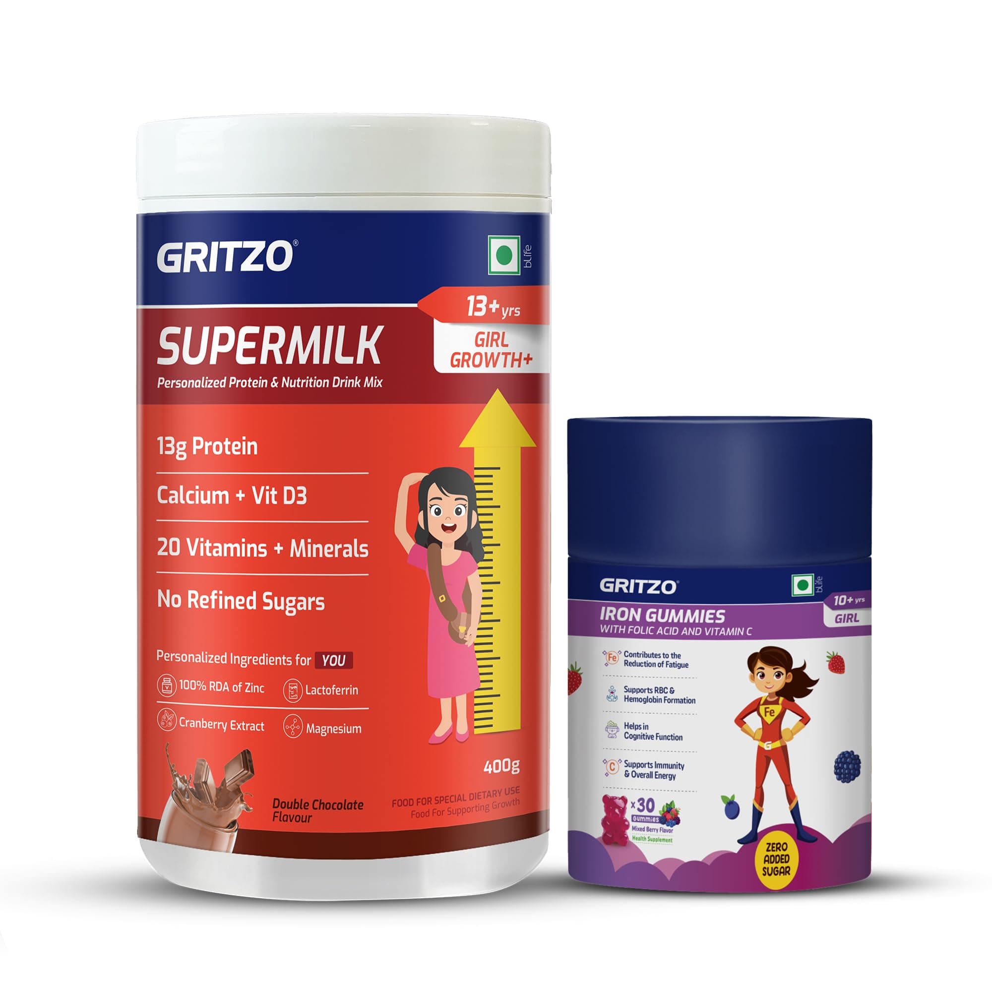 Gritzo SuperMilk Growth+ (Formerly Height+) (13+y Girls) (Double Chocolate, 400g) with Iron Gummies (Mixed Berry Flavour, 30 Gummies) | Pack of 2