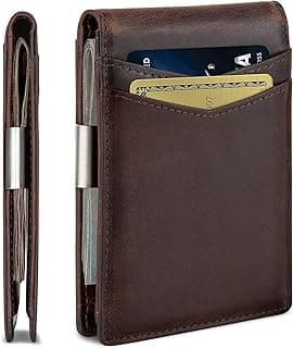 Contacts Genuine Leather Money Clip Wallet Slim Front Pocket RFID Blocking Card Holder Minimalist Mini Bifold for Men's | Up to 11 Card Slots Including 1 ID Window & 1 Bill Compartment (Brown)