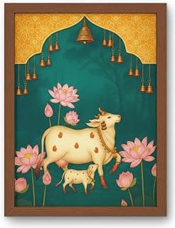 Kamdhenu Cow with Calf Pichwai Canvas Wall Art (12x18 inch) | Premium Wood Frame | Vastu Spiritual Painting | Gau Mata Ready to Hang | Pooja Room Living Room Bedroom | Housewarming Diwali Gift