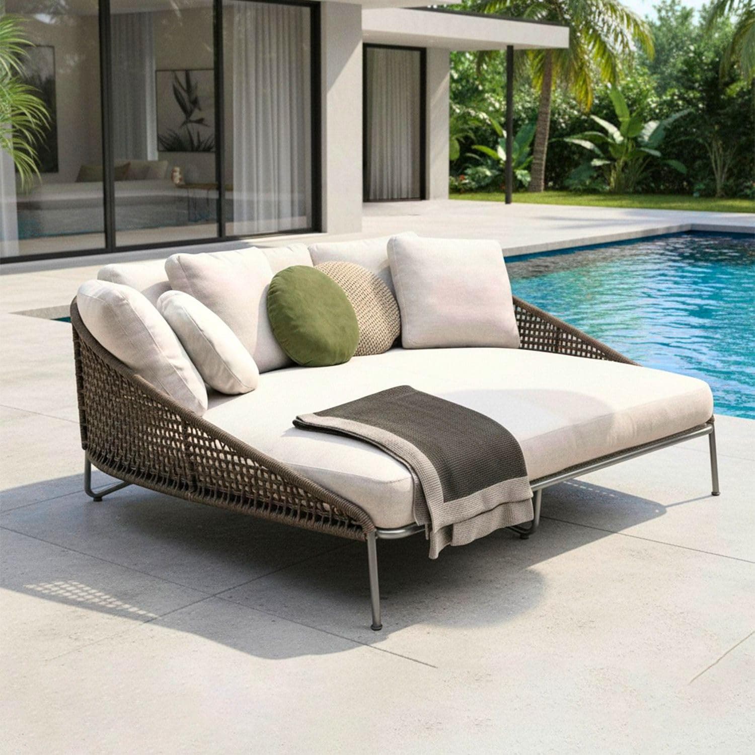 DEVOKO Outdoor Patio Rope Daybed, Round Sofa, Sunbed, Swimming Pool Side, Round Sun Lounger, Garden, Terrace, Balcony, Rattan Rope Furniture Daybed (Brown and Cream)