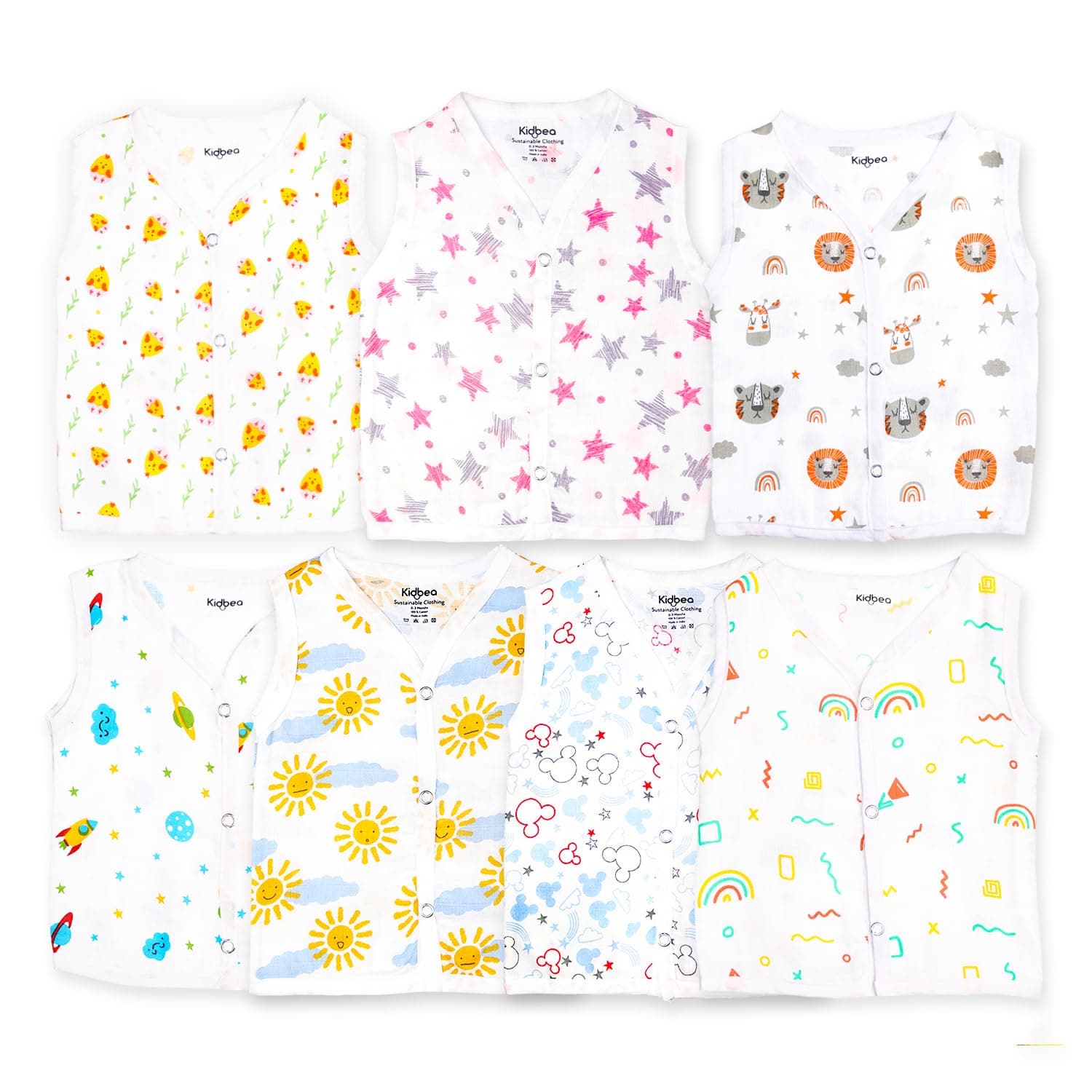 Kidbea Cotton Muslin Jhabla for Newborn Boys & Girls Sleeveless V-Neck Vest with Button Closure | Cute Multi Printed Baby Jabla, Pack of 7 (0-3 Months)