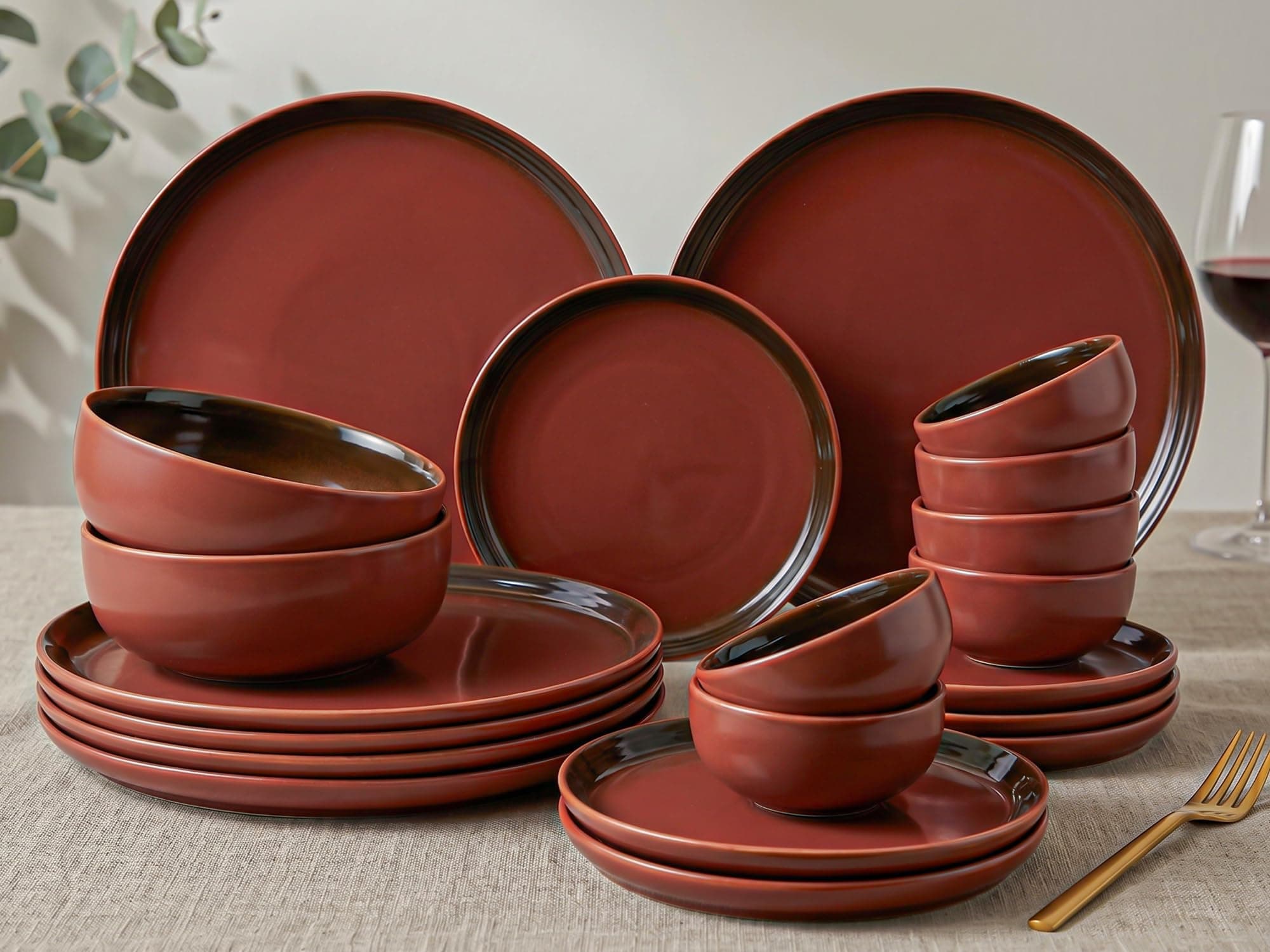 Bodhi House Handcrafted Chip Resistance Porcelain Solid Dinner Set, 20 Pieces Dish Set Serving for 6, Microwave and Dishwasher Safe, Bone-Ash Free, Crockery Set for Dining and Gifting, Deep Red