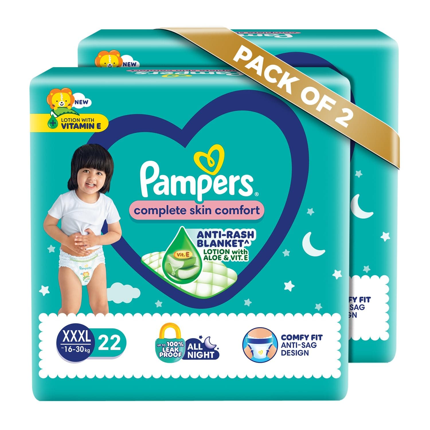 Pampers All round Protection Pants Style Baby Diapers, XXX-Large (XXXL) Size, 22 Count, Anti Rash Blanket, Lotion with Aloe Vera, 17+ kgs Diapers (Pack of 2)