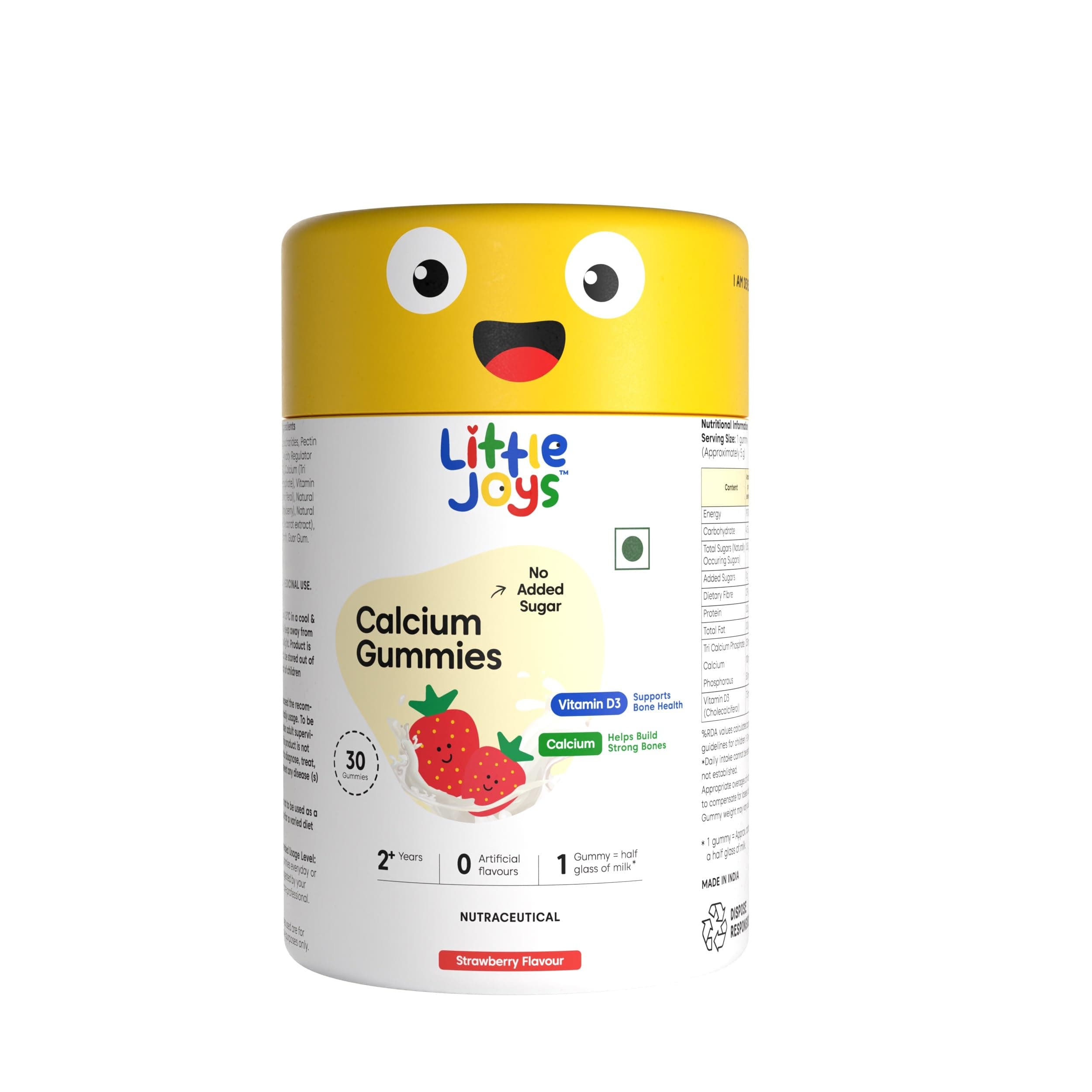 Little Joys Calcium & Vitamin D Gummies for Kids (2+ years) With No Sugar Added | For Stronger Bones, Joints, Teeth & Immunity | Strawberry Flavour | 30 Gummies