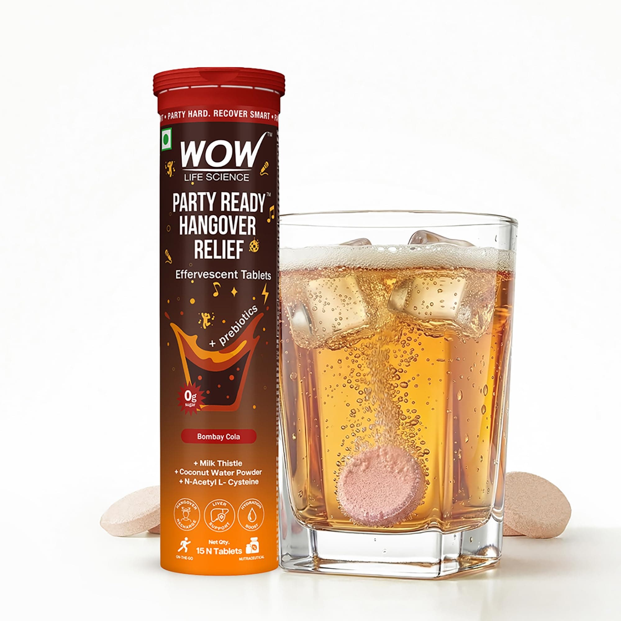 WOW Life Science Party Ready Hangover Relief Effervescent Tablets | Post-Party Recovery Drink with NAC, Milk Thistle, Electrolytes & Prebiotics | Zero Sugar Rehydration, Liver Support & Morning-After Clarity | Bombay Cola | 15 Tablets