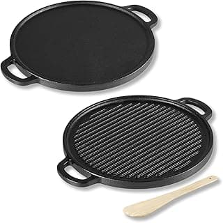 Lifelong Cast Iron 2-in-1 Dosa Tawa & Grill with Wooden Spatula (30cm) | Double-Sided Tawa/Pan for Roti, Dosa, Chapati, Fish & Steak | Naturally Nonstick, Gas & Induction Cookware | Reversible Cooking