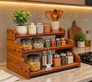 Wooden 3 Tier Kitchen Organizer Rack for Countertop | Spice Rack Stand for Kitchen Counter | Masala Storage Shelf | Multipurpose Kitchen Storage Rack - Brown