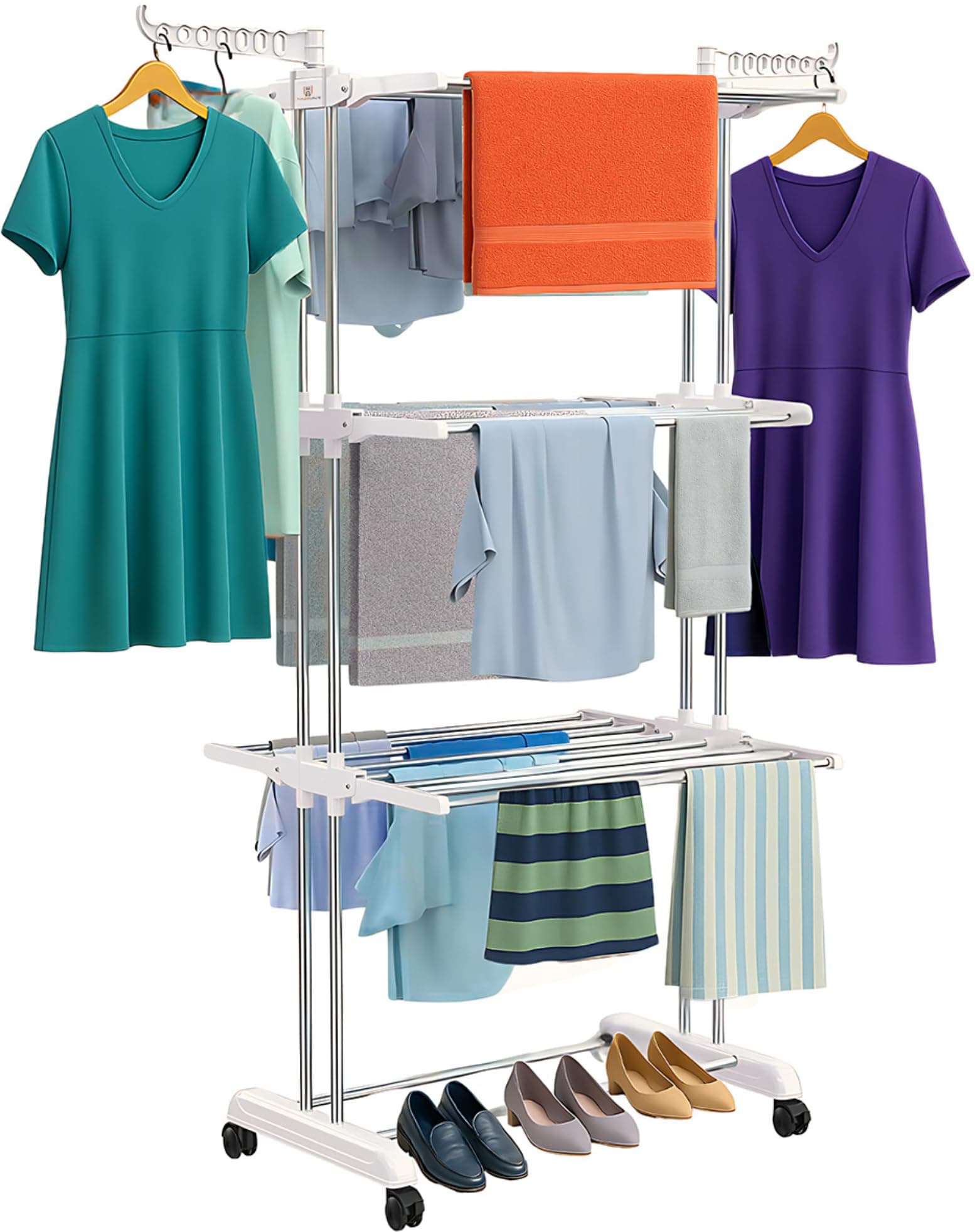 H Houseware Foldable Cloth Drying Stand 3 Tier Stainless Steel Laundry Rack with Wheels & Hanger Slots | Heavy Duty Clothes Dryer for Indoor Outdoor Use | Rust Proof Drying Stand 122 x 69 x 168 CM