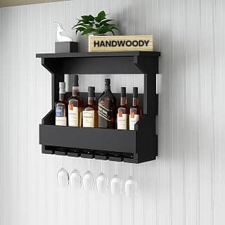 Solid Wood Wooden Wall Hanging Design Bar | Bar Cabinets for Home | Mini Bar for Home | Wooden Make Wine Storage Cabinet with Glass Hanging Space in (Black)