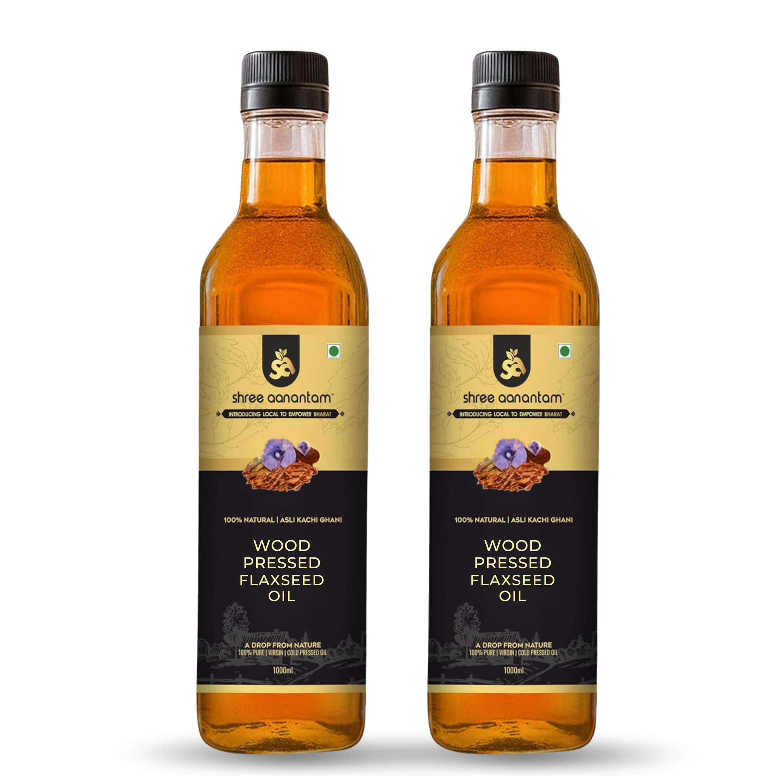 Shree Aanantam Cold Pressed Flaxseed Oil - 1 Liter x 2 | Bottle | Kolhu/Kacchi Ghani/Chekku | Natural | Chemical-Free | Wood Pressed Flaxseed Oil for Cooking | Alsi Ka Tel | High in Omega 3