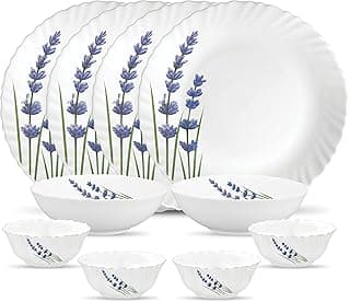 La Opala Novo Collection Opal Glass Crockery | for Family of 4 | Dinner Set 10 pcs English Lavender | Plates & Bowls for Dining | Microwave Safe | 100% Vegetarian | Extra Strong | Light & White