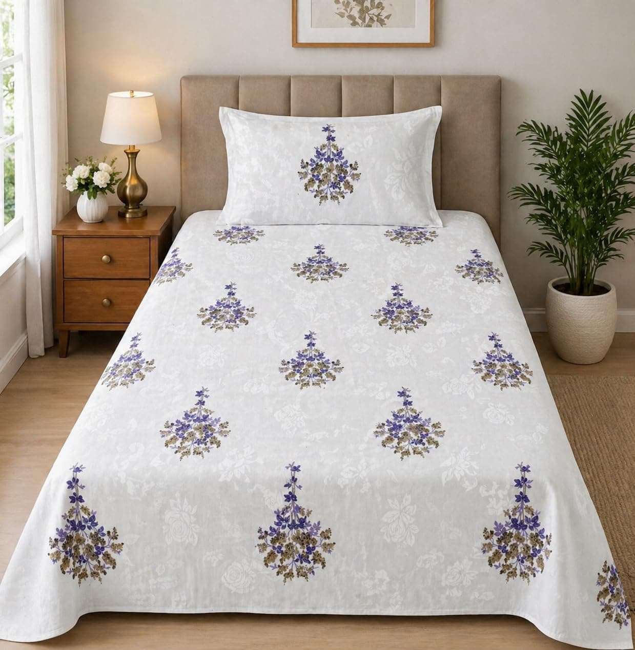 MAVERICK LINENS Whisper Garden Collection 100% Percale Cotton 300 TC Printed Single Bedsheet with1 Pillow Cover (Size 58 ×90 inches) Orchid Blossom