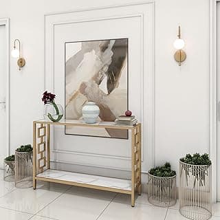 RIZIK STORE™ Iron Metal with Engineered Wooden top Console Table/end Table for Entry Way Behind Sofa, Living Room, Dining Room, Office, Home Decor Gold and White Marble Look (White Gold)