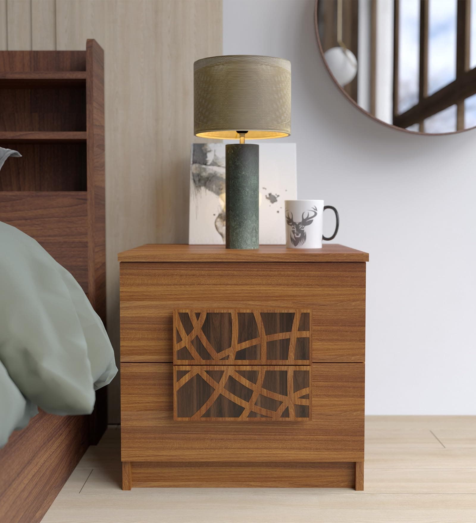 NEUDOT Paris BST | Engineered Wood | Bedside End Table with 2 Drawer Storage | Night Stand for Bedroom Living Room Home | Premium Craftmanship | Leon Teak Finish | DIY(Do-It-Yourself)