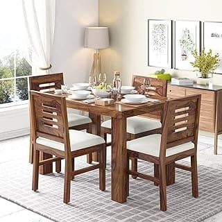 Furniture Sheesham Wood 4 Seater Dining Table with 4 Cushion Chairs Wooden Dining Table Set for Home Hall Living Room (Teak Finish)