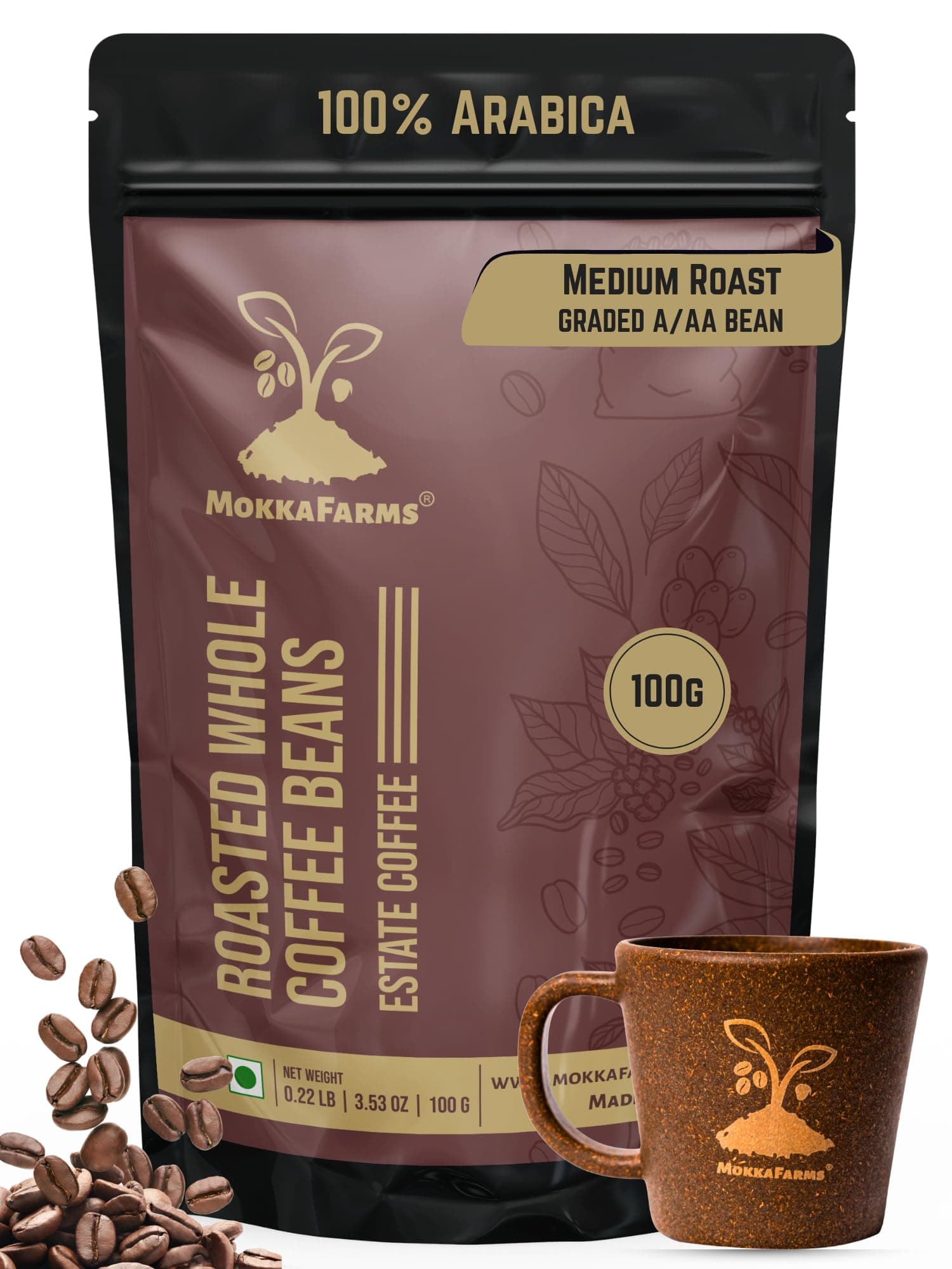 MokkaFarms Roasted Whole Coffee Beans 100g | 100% Arabica | Medium Roast, Sundried/Cherry, A/AA Grade | Freshly Roast Estate Coffee | Strong Flavor & Aroma | Farm to Fork Quality | Zip Lock Bag