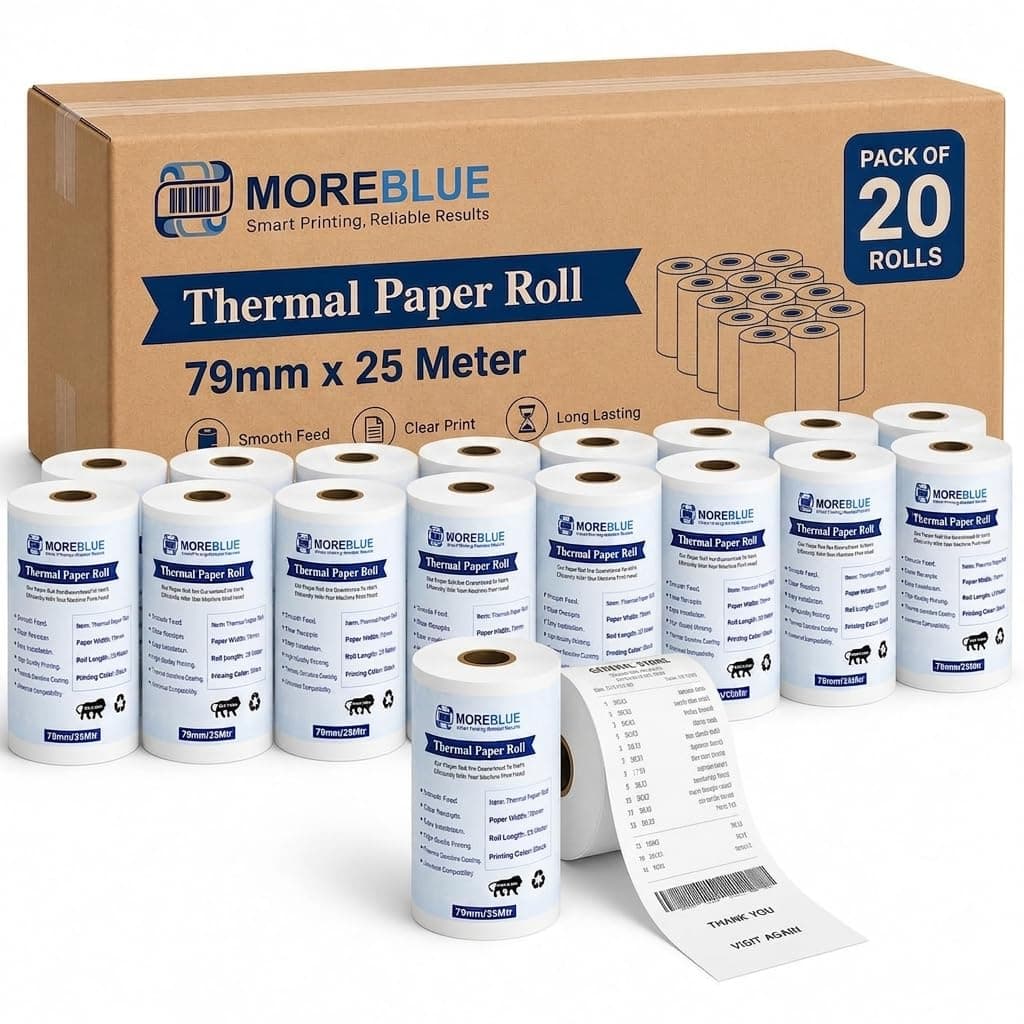 MOREBLUE® Thermal Paper Roll 3 Inch (79mm x 25m, 55 GSM) | Ink-Free Receipt Paper for POS, Billing Machine, Credit Card Machine & Thermal Printer (Pack 20)