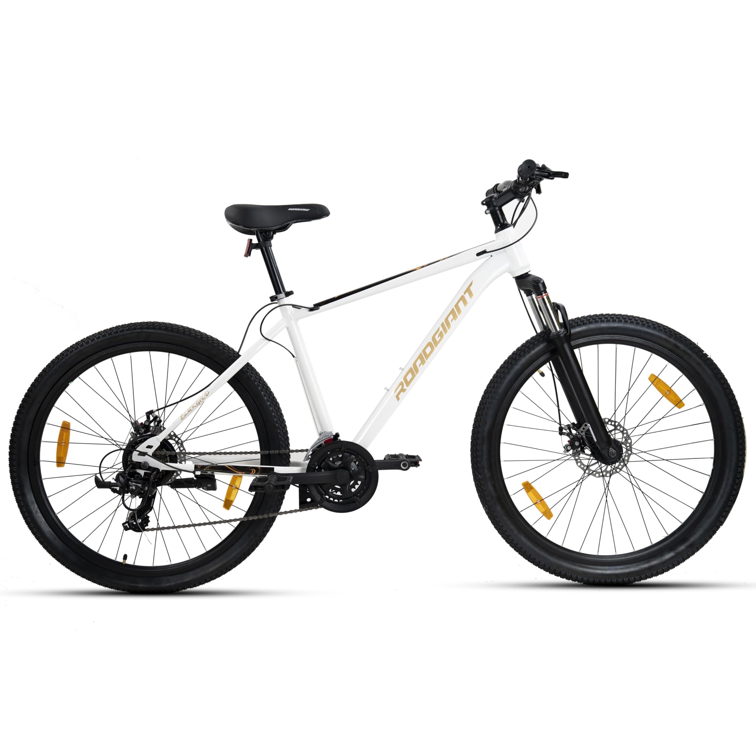 BLACKGOLD-29T||21 Speed Shimano|| Premium Steel Frame||14+ Age ||Chrome Suspension|| Dual DISC ||Dull White