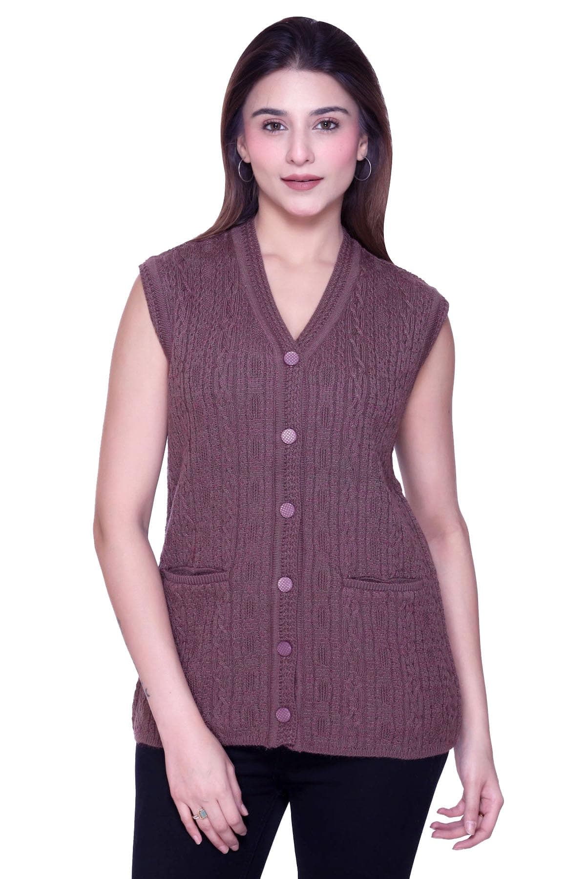 aarbee Self Design Sleeveless V Neck Woollen Cardigan for Women with Front Pockets